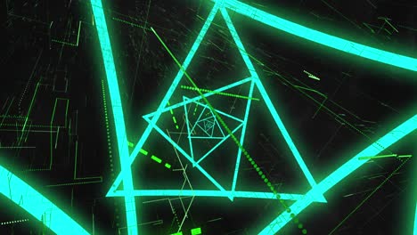 Animation-of-blue-neon-triangular-spiral-and-green-dots-and-lines-moving-on-black-background