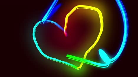 Animation-of-blue,-green,-orange-and-red-light-trails-and-heart-shape-on-black-background