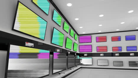Animation-of-colourful-interference-across-multiple-flat-screen-tvs-in-shop-display