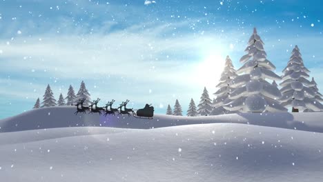 Animation-of-santa-claus-in-sleigh-with-reindeer-passing-over-snowy-winter-scenery