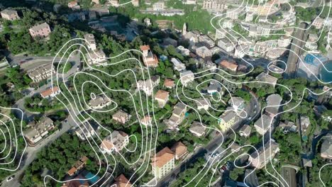 Animation-of-white-contour-lines-moving-over-buildings-in-modern-coastal-town