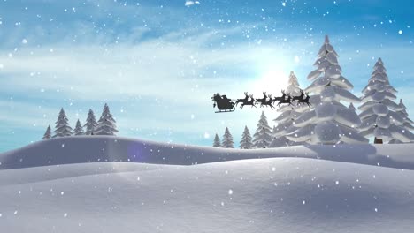 Animation-Des-Weihnachtsmanns-Im-Schlitten-Mit-Rentieren,-Der-über-Eine-Verschneite-Winterlandschaft-Fährt