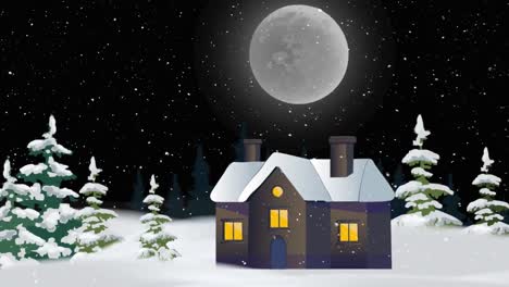 Animation-Der-Winterlandschaft-Und-Des-Hauses-Bei-Nacht