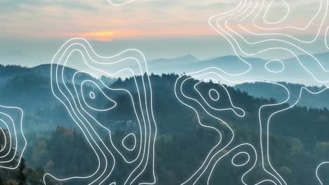Animation-of-white-contour-lines-moving-over-idyllic-misty-mountain-landscape-at-sunset