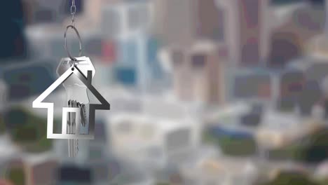 Animation-of-silver-house-key-fob-and-key,-hanging-in-front-of-blurred-cityscape