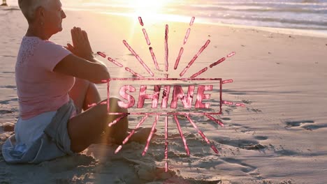 Animation-of-shine-text-over-woman-at-beach