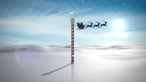 Animation-Des-Weihnachtsmanns-Im-Schlitten-Mit-Rentieren,-Der-über-Den-Nordpol-Fährt,-Und-Verschneite-Winterlandschaft