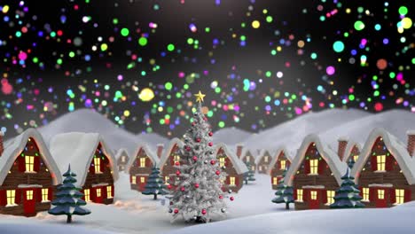 Animation-of-stars-falling-colorful-lights-over-houses-with-fairy-lights