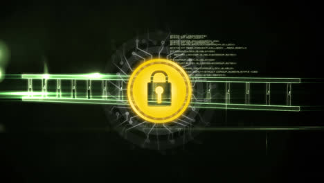 Animation-Des-DNA-Strangs-Und-Des-Netzwerks-Von-Verbindungen-Mit-Online-Sicherheitsvorhängeschloss-Auf-Dunklem-Hintergrund