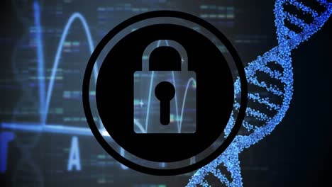 Animation-of-dna-strand-and-online-security-padlock-over-dark-background