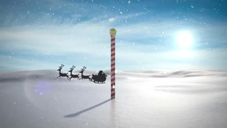 Animation-of-santa-claus-in-sleigh-with-reindeer-passing-over-north-pole-and-snowy-winter-scenery