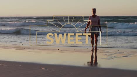 Animation-of-sweet-text-over-woman-at-beach
