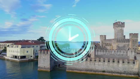 Animation-of-rotating-hands-on-clock-over-old-castle-and-coast