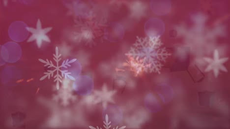 Animation-of-snow-falling-over-fireworks-and-lights