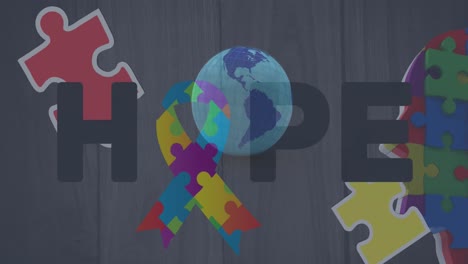 Animation-of-colourful-puzzle-pieces,-globe-and-hope-text