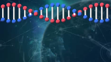 Animation-Eines-DNA-Strangs,-Der-Sich-über-Ein-Netzwerk-Von-Verbindungen-Und-Einen-Globus-Dreht