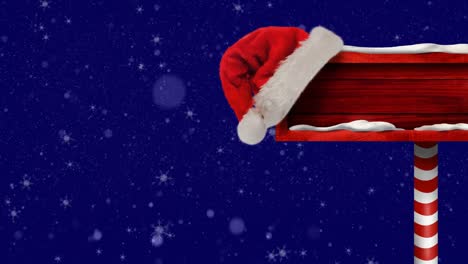 Animation-of-snow-falling-over-christmas-wooden-sign-board-with-santa-hat-and-copy-space