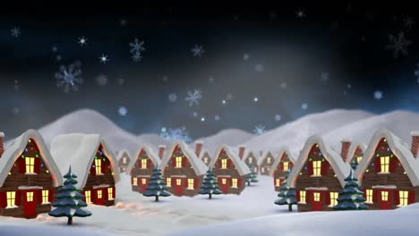 Animation-of-snow-falling-over-houses-with-fairy-lights