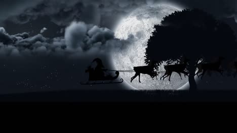 Animation-of-santa-claus-in-sleigh-with-reindeer-passing-over-moon