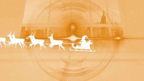 Animation-of-santa-claus-in-sleigh-with-reindeer-passing-over-cityscape