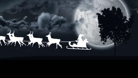 Animation-of-santa-claus-in-sleigh-with-reindeer-passing-over-moon-and-tree