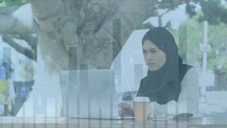 Animation-Der-Finanzdatenverarbeitung-über-Eine-Frau-Im-Hijab-Mit-Laptop