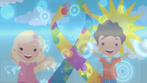 Animation-of-ribbon-with-colourful-puzzle-pieces-and-happy-boy-and-girl
