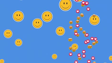 Animation-Von-Social-Media-Herzen-Und-Digitalen-Emojis-Symbolen,-Die-über-Blauem-Hintergrund-Schweben