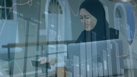 Animación-Del-Procesamiento-De-Datos-Financieros-Sobre-Una-Mujer-Con-Hijab-Usando-Una-Computadora-Portátil