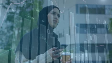 Animación-Del-Procesamiento-De-Datos-Financieros-Sobre-Una-Mujer-Con-Hijab-Usando-Un-Teléfono-Inteligente
