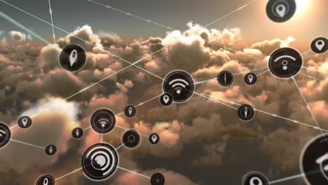 Animation-of-network-of-connections-with-icons-over-clouds-on-sky