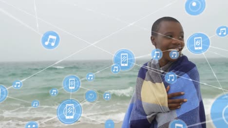 Animation-of-network-of-connections-over-happy-woman-on-the-beach