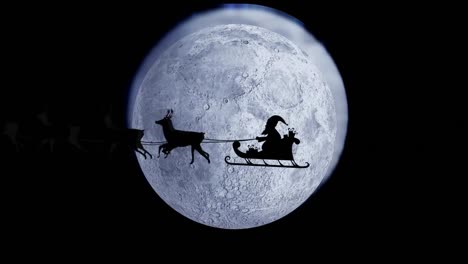 Animation-of-santa-claus-in-sleigh-with-reindeer-passing-over-moon-and-stars