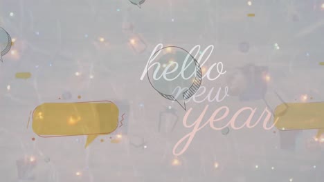 Animation-of-hello-new-year-text-over-colorful-lights