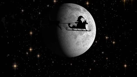 Animation-Des-Weihnachtsmanns-Im-Schlitten-Mit-Rentieren-über-Dem-Mond-Und-Fallendem-Schnee