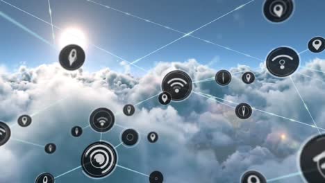 Animation-of-network-of-connections-with-icons-over-clouds-on-sky