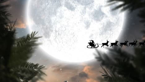 Animation-of-santa-claus-in-sleigh-with-reindeer-passing-over-moon-and-trees