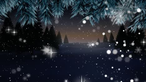 Animation-of-snow-falling-over-winter-landscape