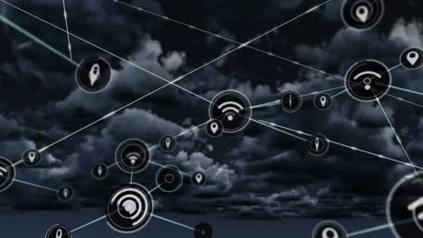 Animation-Des-Netzwerks-Von-Verbindungen-Mit-Symbolen-über-Wolken-Am-Himmel