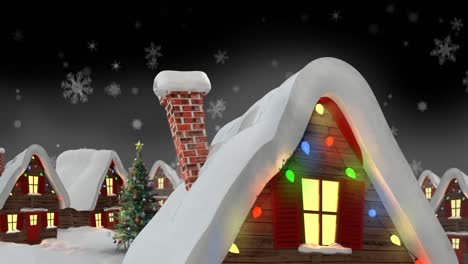 Animation-Von-Schnee,-Der-über-Häuser-Fällt,-Mit-Lichterketten