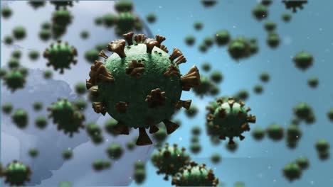 Animation-Von-Covid-19-Zellen,-Die-über-Den-Globus-Fliegen