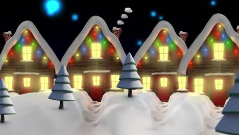 Animation-Von-Sternen,-Die-Bunte-Lichter-über-Häuser-Mit-Lichterketten-Fallen-Lassen