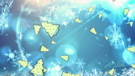 Animation-Von-Weihnachtsbäumen-Und-Schneeflocken,-Die-über-Blaue-Und-Weiße-Bokeh-Lichter-Fallen