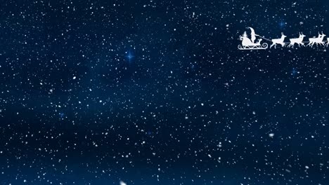 Animation-of-snow-falling,-sledge-and-raindeer-over-black-background