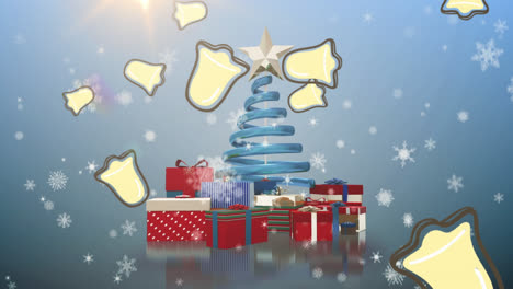 Animation-of-falling-bells-and-snowflakes,-over-christmas-tree-and-presents-on-blue