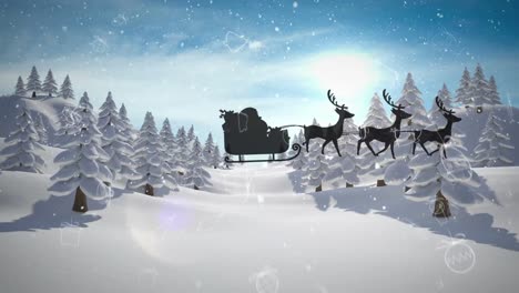 Animation-Von-Fallendem-Schnee,-Schlitten-Und-Regenhirschen-über-Der-Winterlandschaft