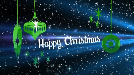 Animation-of-happy-christmas-text,-christmas-tree-decorations-over-light-spots-on-black-background