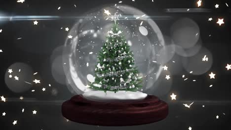 Animation-of-decorated-christmas-tree-in-snow-globe,-with-glowing-stars-and-lights,-on-black