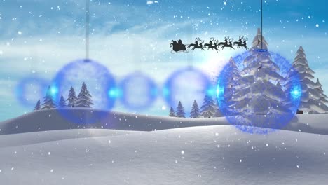 Animation-of-snow-falling,-christmas-tree-decorations,-sledge-and-raindeer-over-winter-landscape