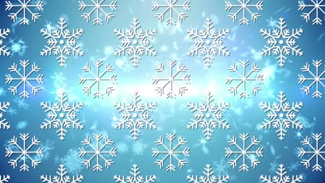 Animation-of-repeated-white-snowflakes-moving-over-glowing-lights-on-blue-background